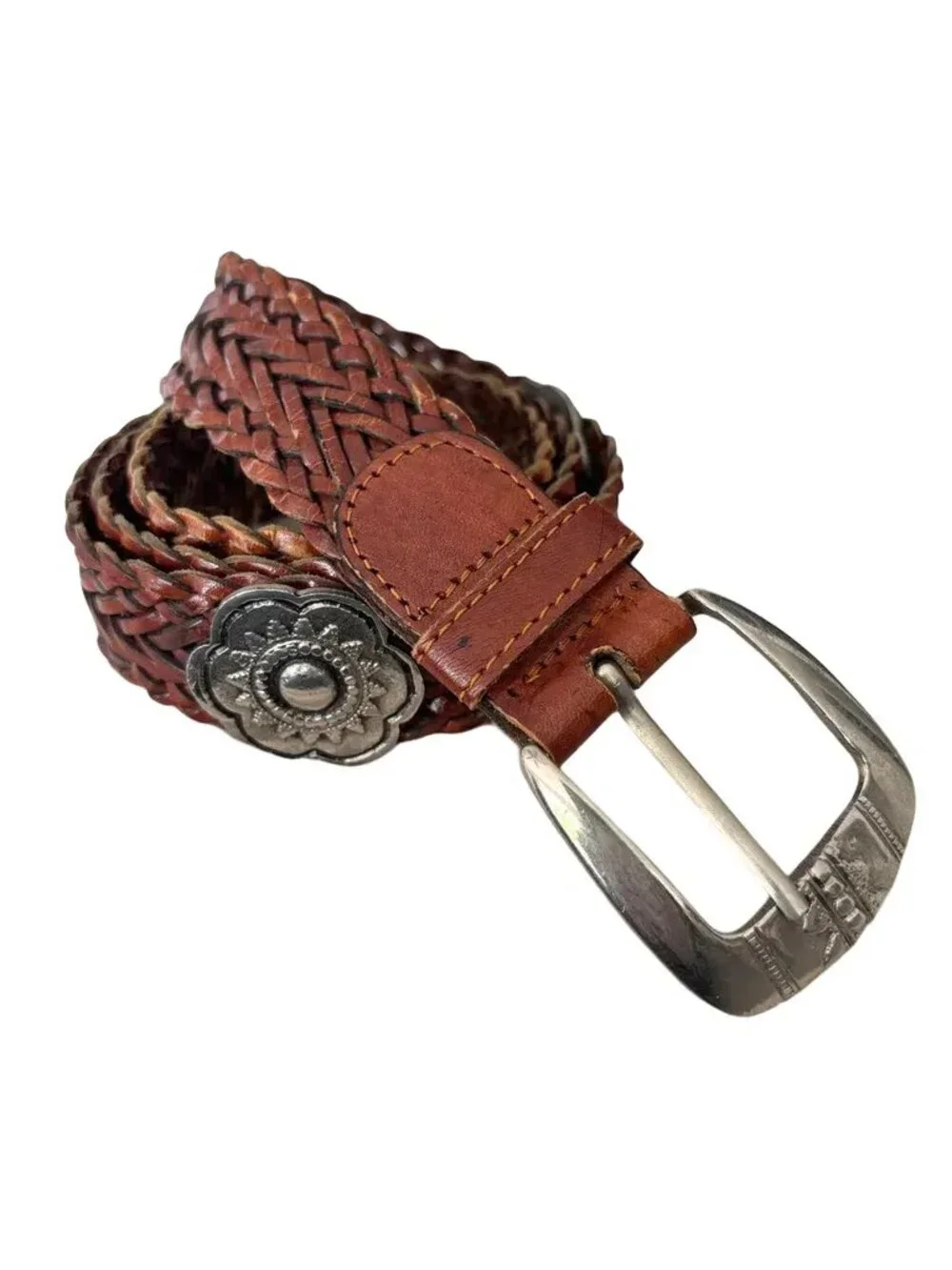 CAPEZIO Woven Leather Belt Flower Medallions Silver Buckle Western Boho  SZ M/L